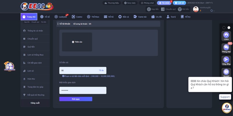 Hướng dẫn rút tiền đơn giản tại nhà cái EE88